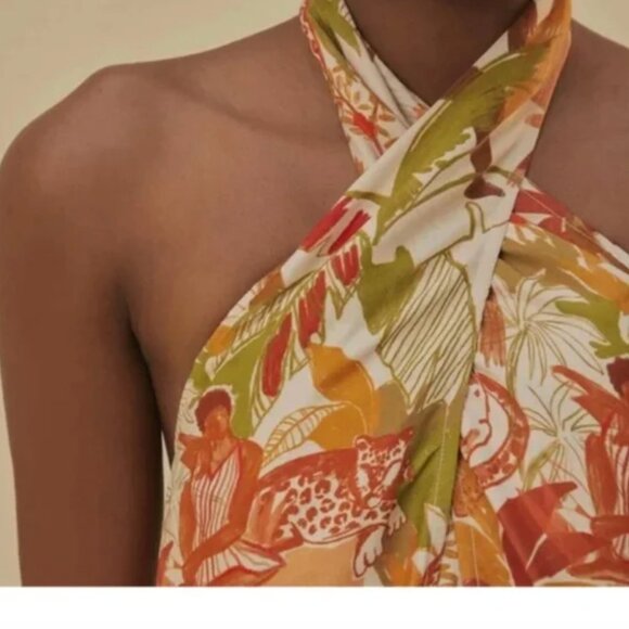 NWT Farm Rio Leopard Forest Sand Halter Neck Fringed Mini Dress Orange Print - Picture 3 of 12